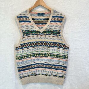 Polo Ralph Lauren Fair Isle Sweater Vest V-Neck Cotton Cashmere Blend L Preppy